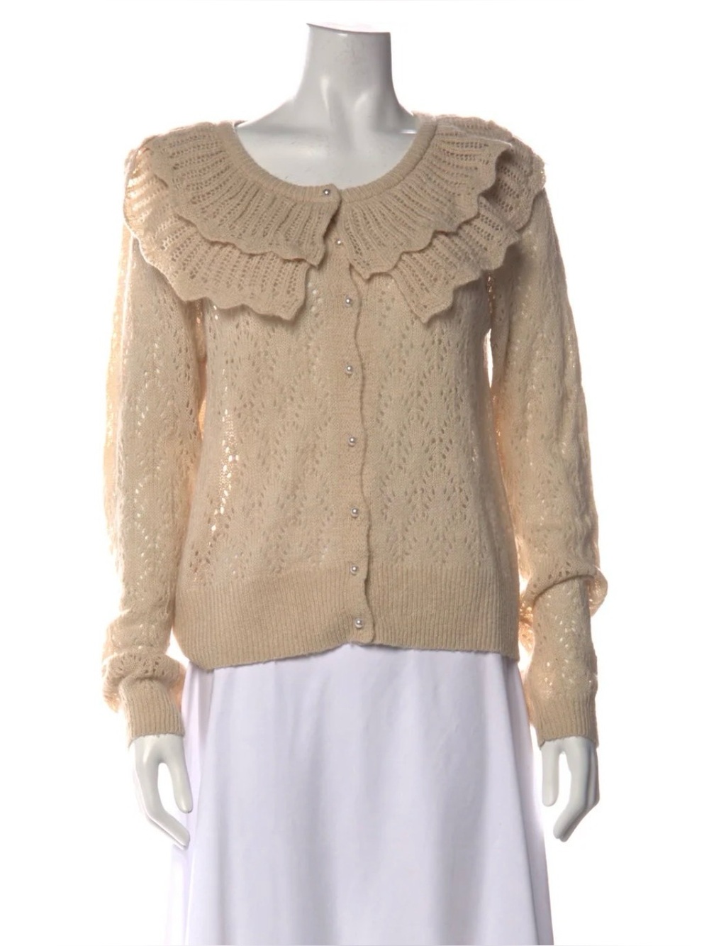 NWOT ASTR the Label Cream/Beige Ruffle Collar Knit Cardigan with Pearl Buttons
